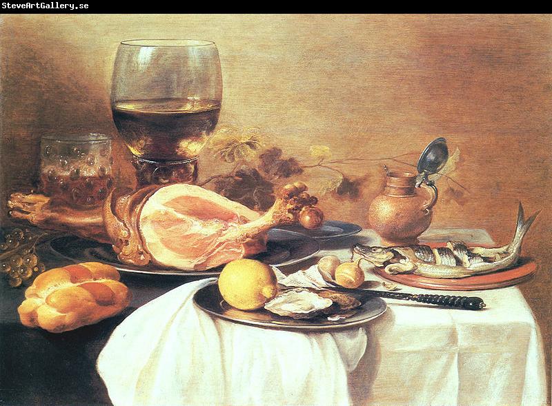Pieter Claesz A ham, a herring, oysters, a lemon, bread, onions, grapes and a roemer